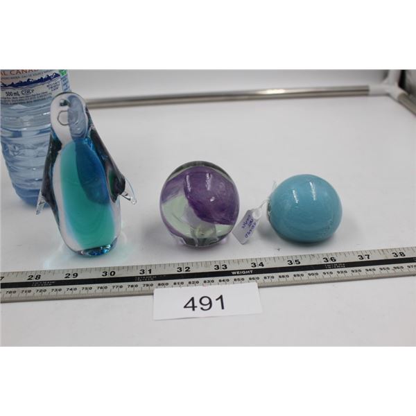 1 Glass Penguin Paperweights and 2 Glass