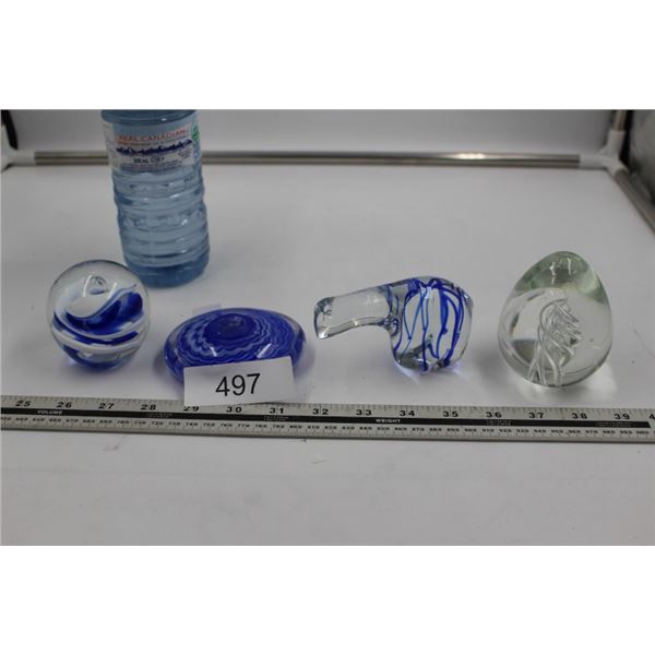 4 Clear and Blue Glass Paperweights