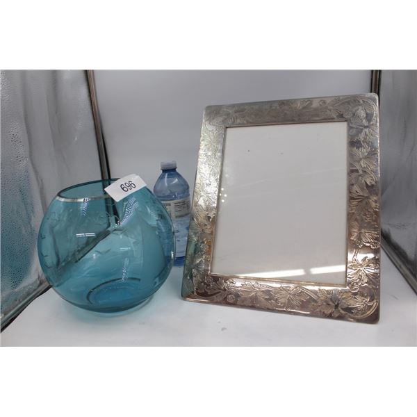 Blue Glass Vase and Silver Plated Picture Frame