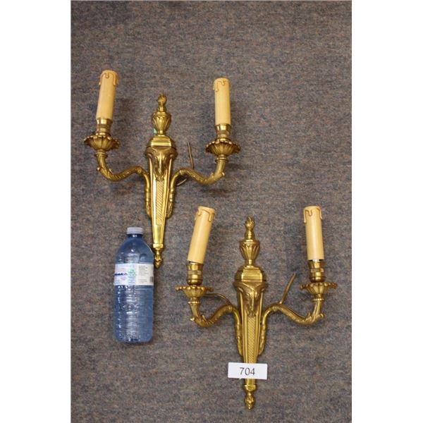 2 Vintage Solid Brass Wall Mount 2 Arm Candlebra
