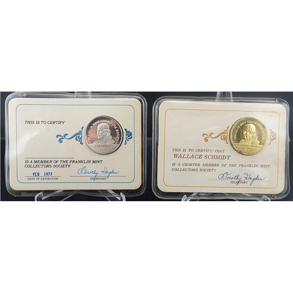 (2) .925 Silver and 24k Gold Franklin Mint Collectors Society Coins