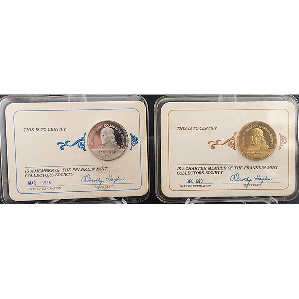 (2) .925 Silver and 24k Gold Plated Franklin Mint Collectors Society Coins
