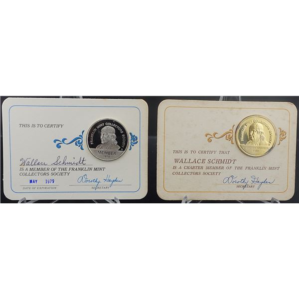 (2) Silver and Gold Franklin Mint Collectors Club Society Coins