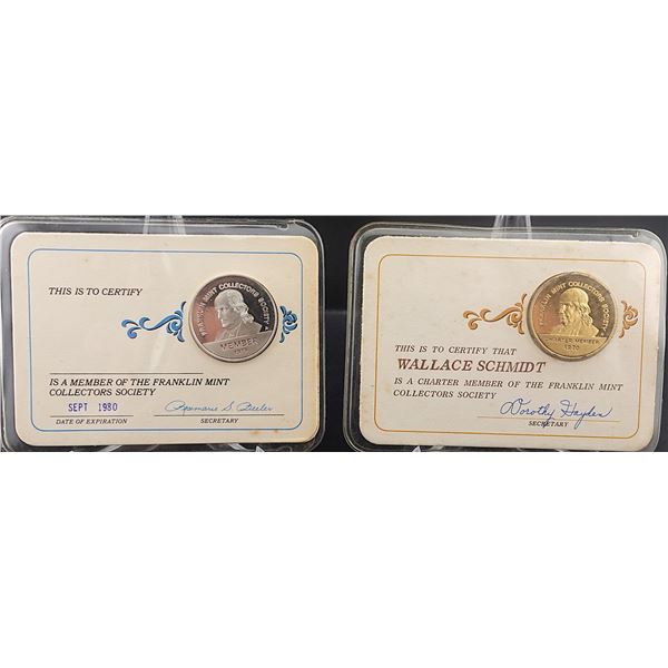 (2) Silver and 24k Gold Plated Franklin Mint Collectors Society Coins