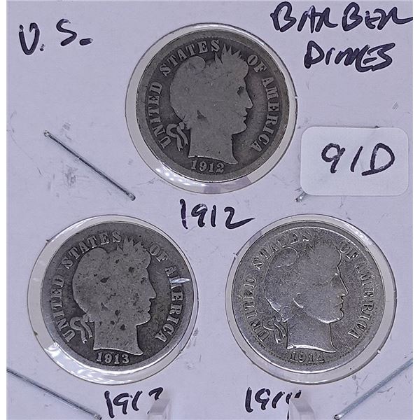 1912, 1913, 1914 Barber Dimes