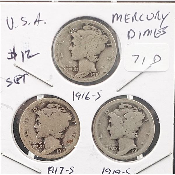 1916-S, 1917-S and 1919-S Mercury Dime Set