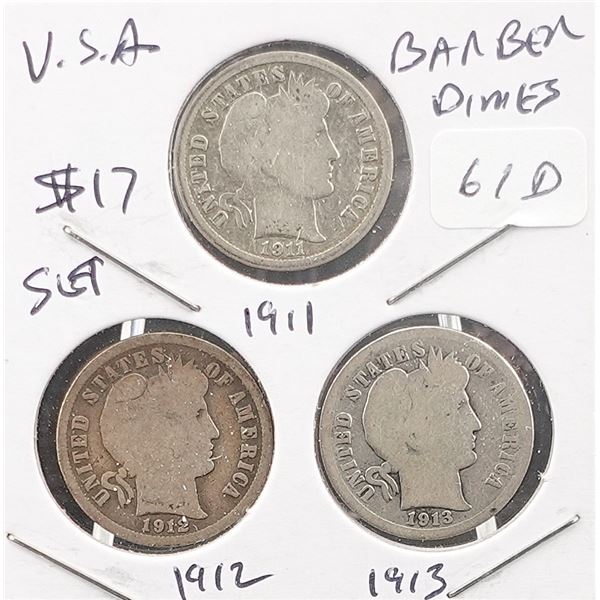 1911, 1912, and 1913 Barber Dime