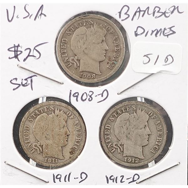 1908-D, 1911-D and 1912-D Barber Dimes