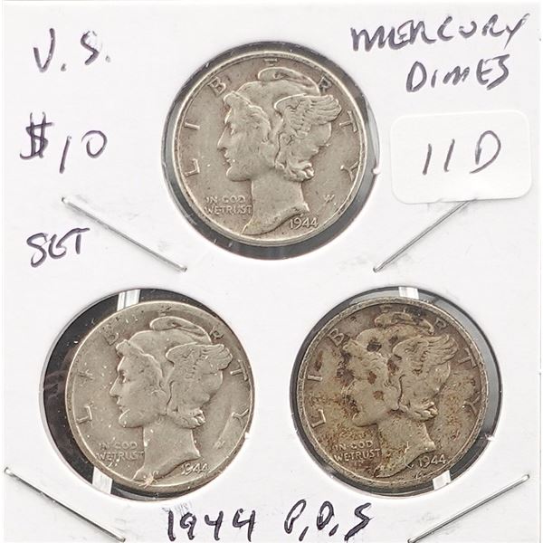 1944-P, 1944-D and 1944-S Mercury Dime Set