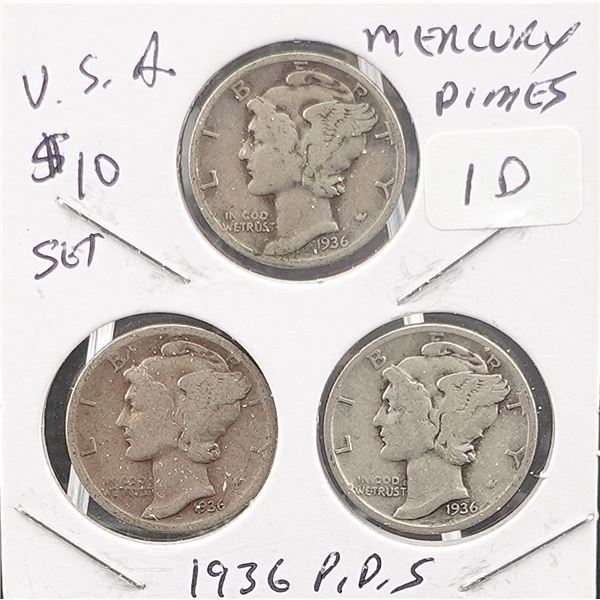 1936-P, 1936-D and 1936-S Mercury Dime Set