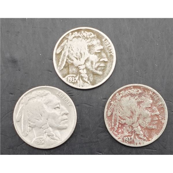 1937 P, D, S Buffalo Nickel Set
