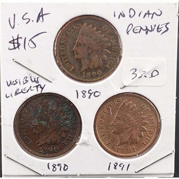 (3) Indian Head Cents 1890, 1890, and 1891