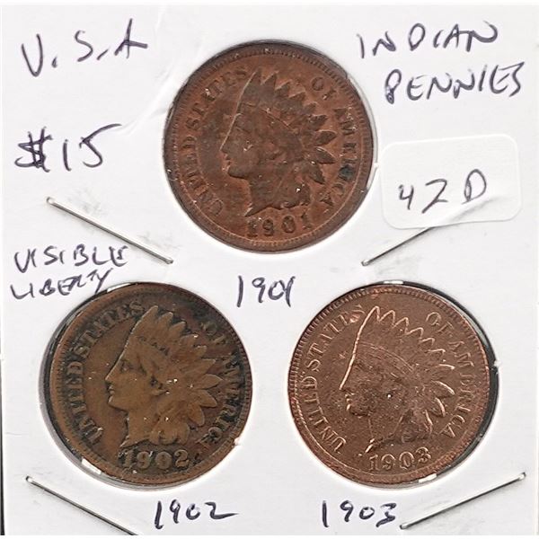 (3) Indian Head Cents 1901, 1902 and 1903