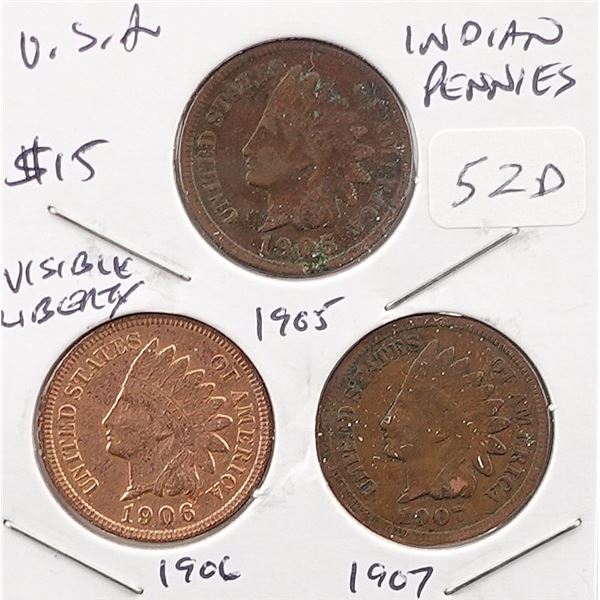 (3) Indian Head Cents 1905, 1906 and 1907