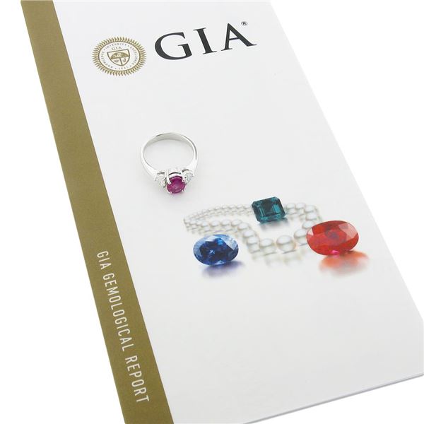 Vintage 18K White Gold GIA NO HEAT Pink Sapphire & Heart Diamond Accents Ring