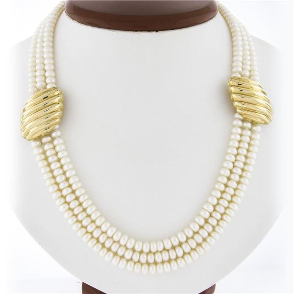 21.5 3 Row Pearl Strand Necklace w/ 14k Gold Scalloped Station & Push Clasp