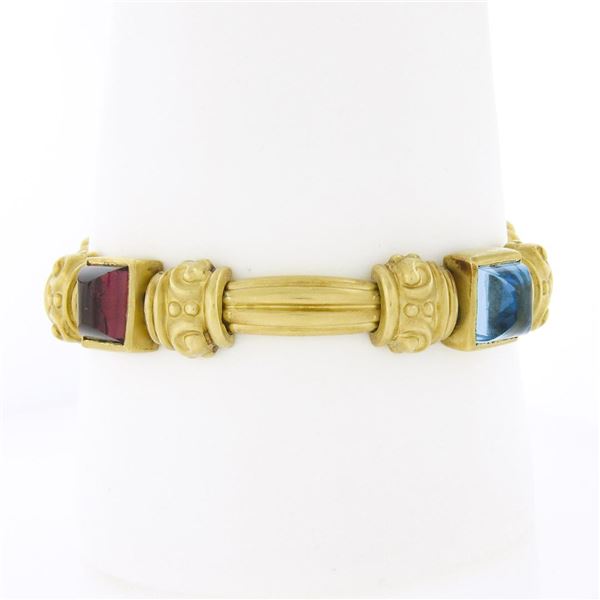 18K Gold & Bezel Set Multi Color Cabochon Gemstone Scroll Grooved Link Bracelet