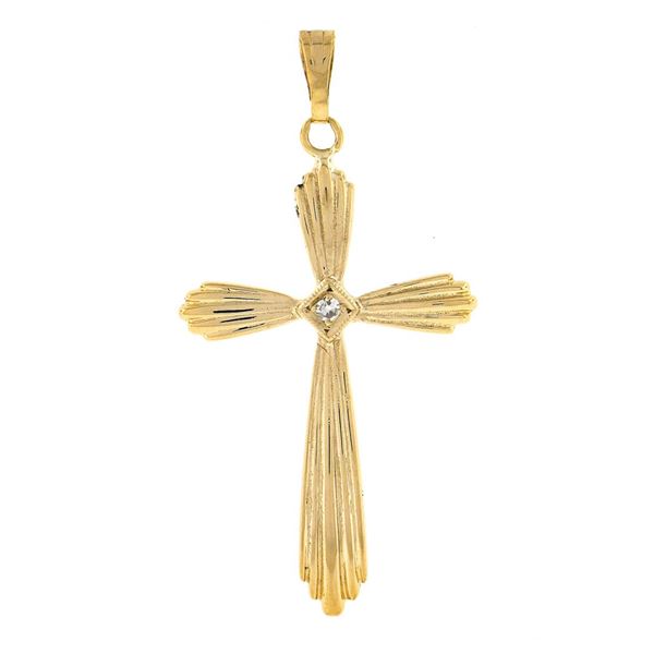 Vintage 14k Yellow Gold 0.03 ctw Diamond Grooved Polished Finish Cross Pendant