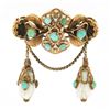 Image 1 : Antique Victorian 14K Gold Turquoise & Carved White Stone Dangle Brooch Pin