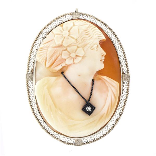 Vintage 14k Gold Carved Shell Cameo & Detailed Filigree Frame Pin Brooch Pendant
