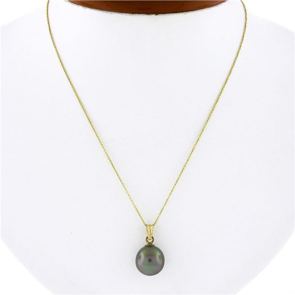 14K Yellow Gold 11.5mm Tahitian Gray Pearl Solitaire Pendant 18 Chain Necklace