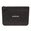 Image 1 : Balenciaga Black Glitter Leather Logo-Print Zipped Clutch