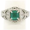 Platinum 1.04 ctw Radiant Emerald & Diamond Milgrain Filigree Etched Cocktail Ri