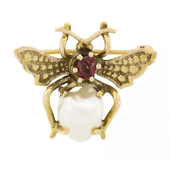 Estate 14K Gold Red Spinel & Baroque Pearl Detailed Fly Bee Insect Pin Brooch