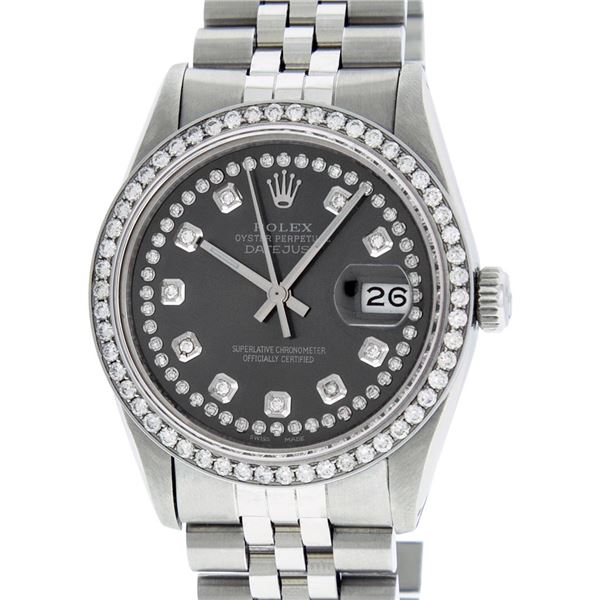 Rolex Mens Stainless Steel Black String Diamond 36MM Datejust Wristwatch