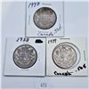 Image 1 : 1937, 1938, 1939 50 Cent Canadian 80% Silver Coins