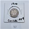 Image 1 : 1910 Canadian 25 Cent Sterling Silver Coin