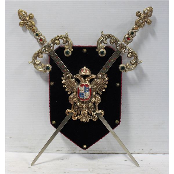 WOODEN PLAQUE + METAL SWORD DECOR PIECES