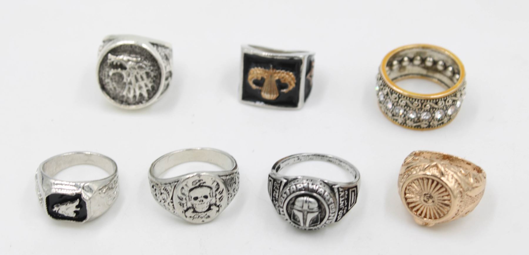 Costume Rectangular Rings 7 VARIOUS COSTUME RINGS. SIZE 8 ETC