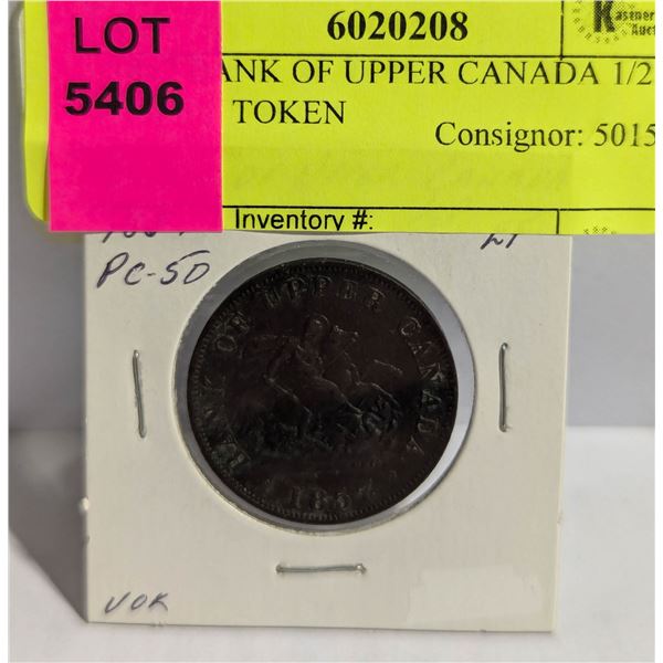 1857 BANK OF UPPER CANADA 1/2 PENNY TOKEN