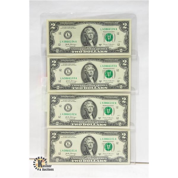 4 MINT US $2 CONSECUTIVE NOTES