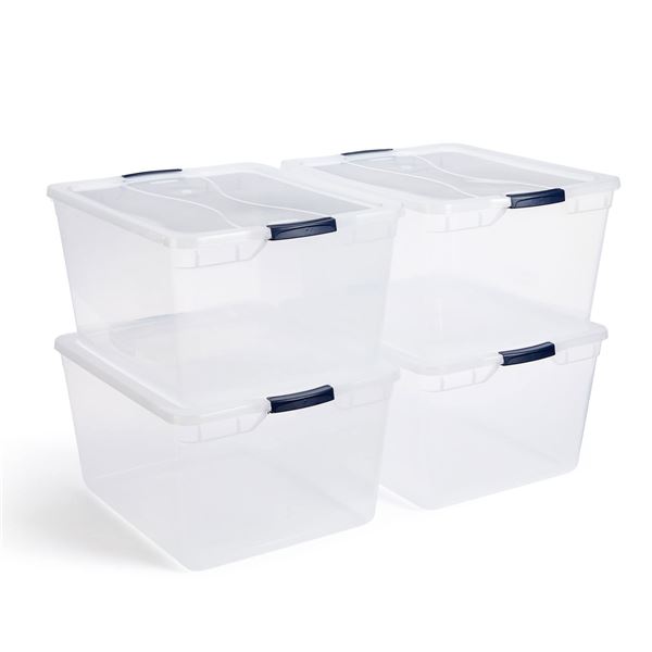4 NEW RUBBERMAID CLEVERSTORE CLEAR 71QT TOTES
