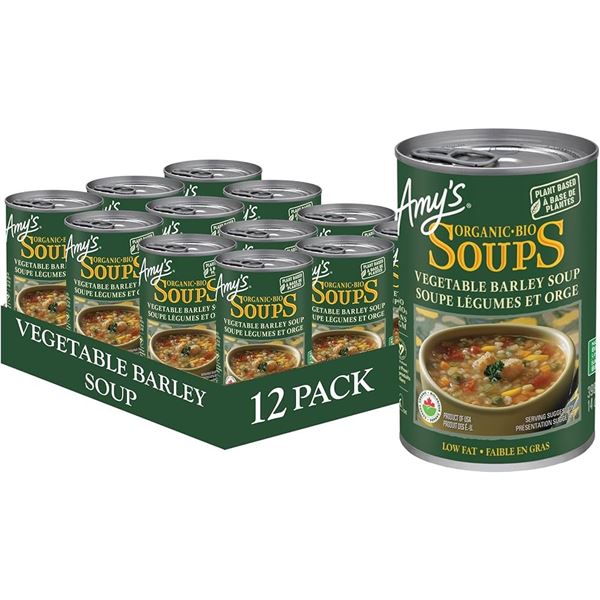 NEW FLAT OF 15 X 398 ML AMYS VEGETABLE BARLEY SOUP