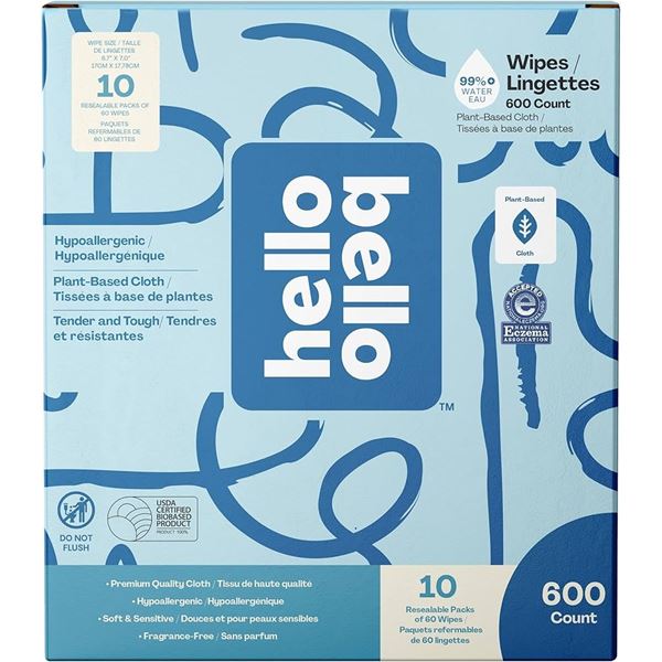 NEW HELLO 600 COUNT PLANT BASED WIPES
