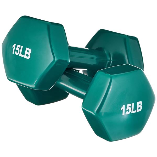 BRAND NEW PAIR OF COATED HEXAGON 15LB DUMBELLS