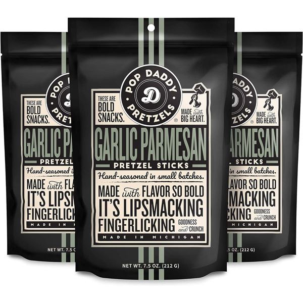 NEW BOX OF POP DADDY PRETZELS GARLIC PARM FLAVOR