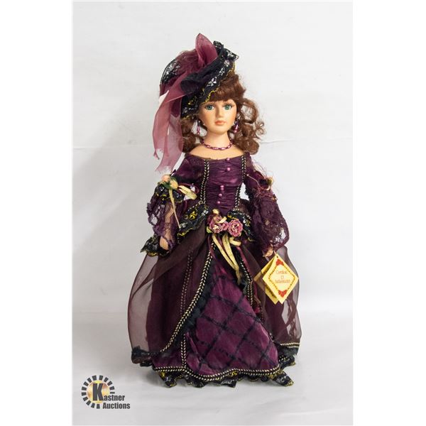 PORCELAIN COLLECTABLE DOLL ON STAND WITH