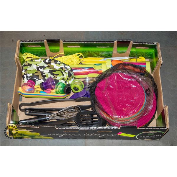 LARGE FLAT OF CAMPING PLATES/UTENSILS ETC