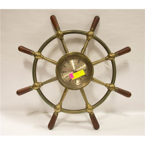 BRASS & WOOD SHIP WHEEL CLOCK D-24.5"