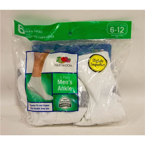 ANKLE SOCKS WHITE 6-12 SIZE 6-PACK FRUIT OF