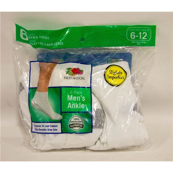 ANKLE SOCKS WHITE 6-12 SIZE 6-PACK FRUIT OF