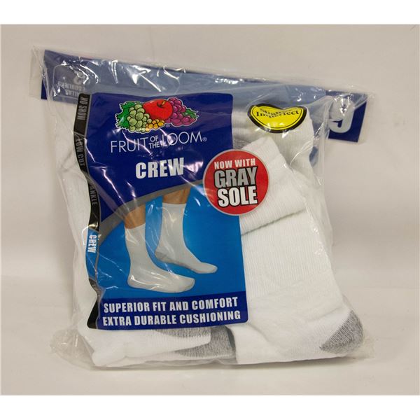 WHITE CREW SOCKS 6-12 SIZE 6-PACK FRUIT OF