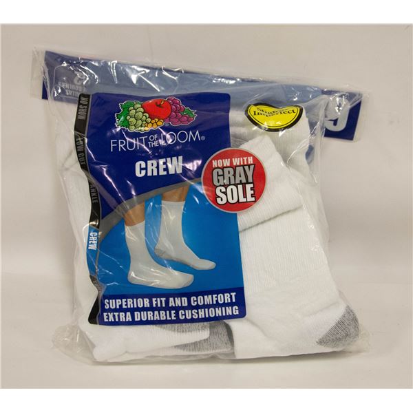 WHITE CREW SOCKS 6-12 SIZE 6-PACK FRUIT OF