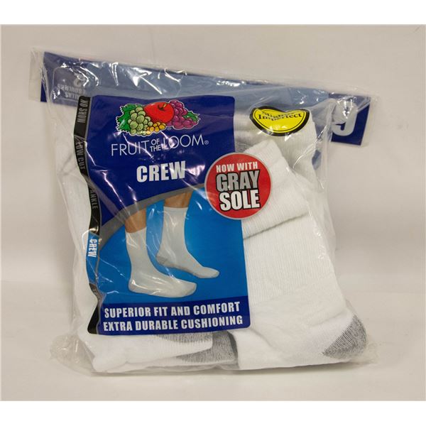 WHITE CREW SOCKS 6-12 SIZE 6-PACK FRUIT OF