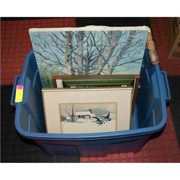 TOTE OF ARTWORK AND VINTAGE BICYCLE PUMP