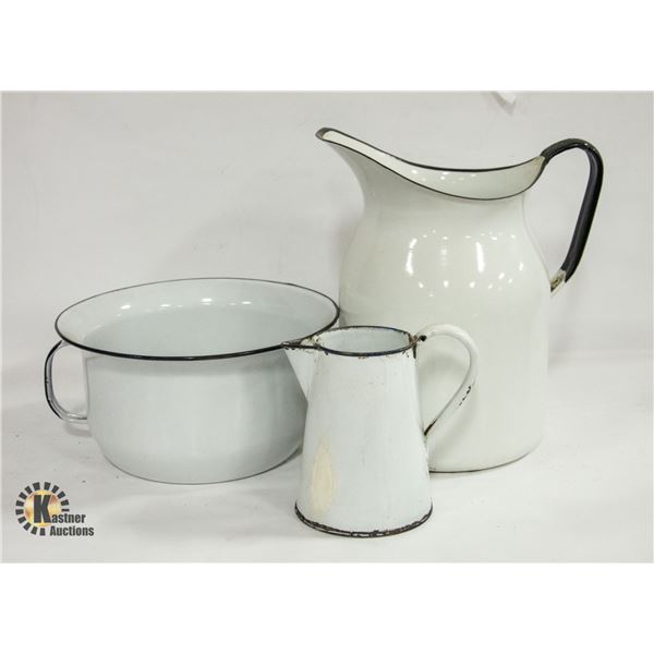 3 ENAMEL WARE, 2 PITCHERS